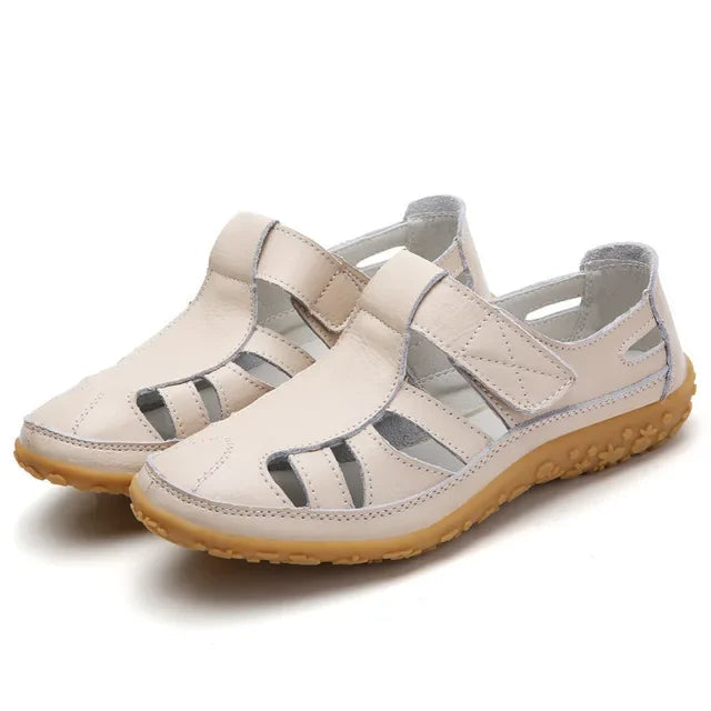 Women's Leather Sandals with Hook-and-Loop Straps & Cushioned Footbed | Summer Walking Shoes with Adjustable Fit