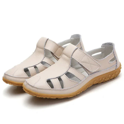 Women's Leather Sandals with Hook-and-Loop Straps & Cushioned Footbed | Summer Walking Shoes with Adjustable Fit