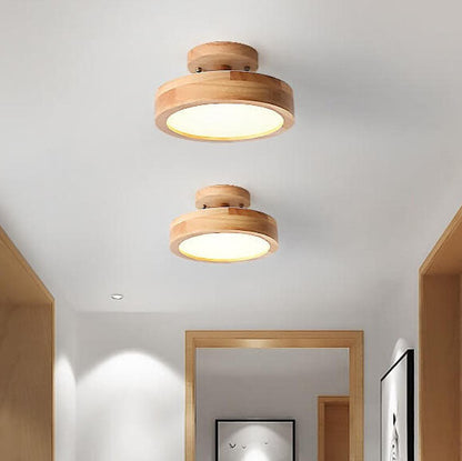 Wooden Circle Flush Mount LED Ceiling Light for Bedroom, Hallway & Living Room - Modern Wood Grain Design