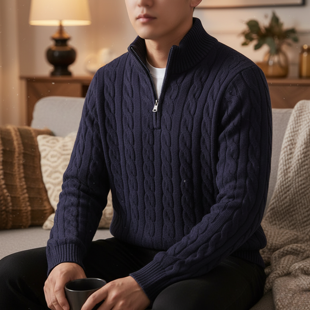 Cable-Knit Quarter-Zip Sweater for Men – 100% Cotton Stand-Collar Pullover for Fall & Winter