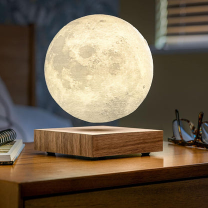 Magnetic Floating Moon Night Light 6 Inch 3D Surface Rotating Lunar Sphere Wood Stand Ambient Bedroom Lamp Dual Color LED Glow
