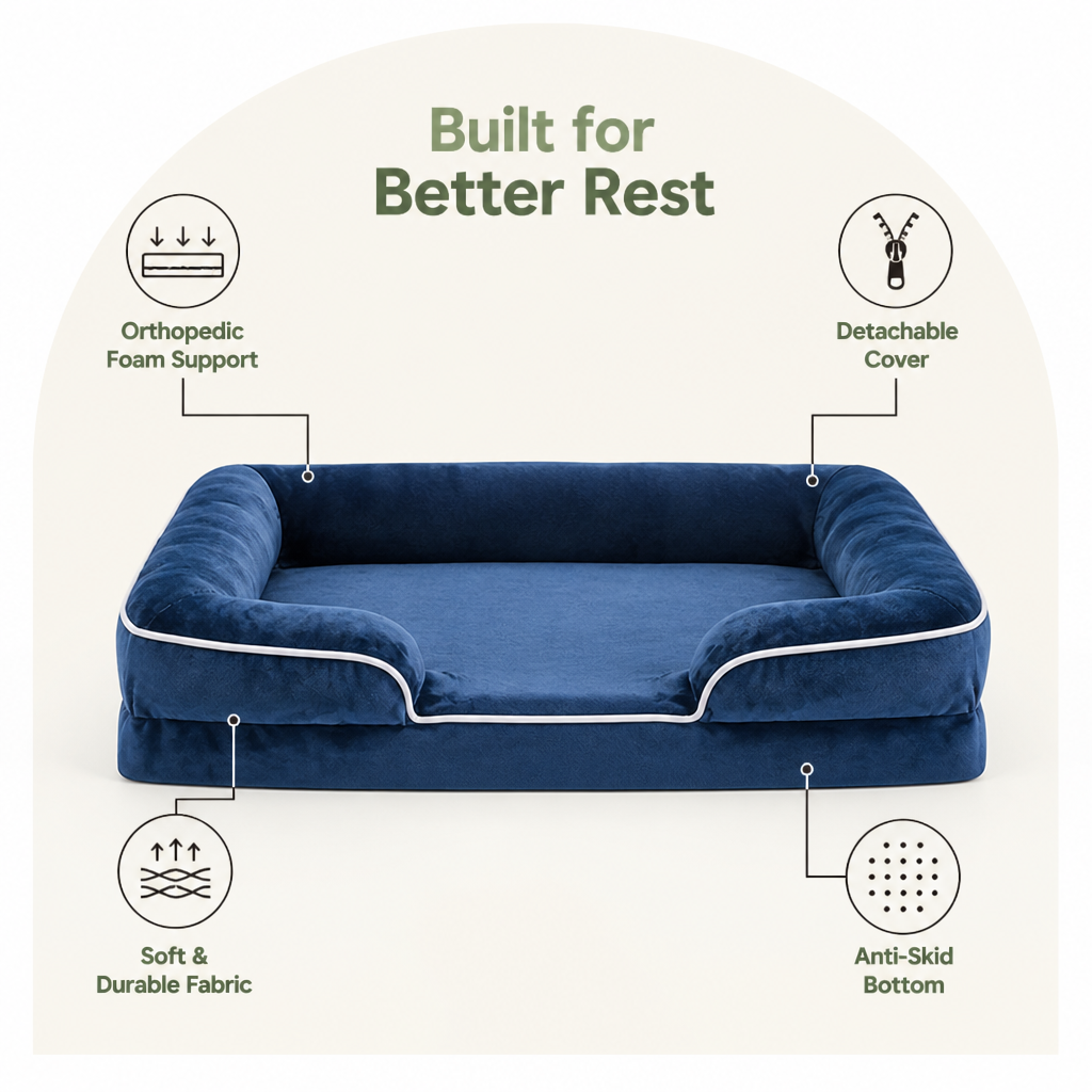 Ortekor Orthopedic Support Foam & Anti-Skid Bottom Dog Bed (Detachable Cover)