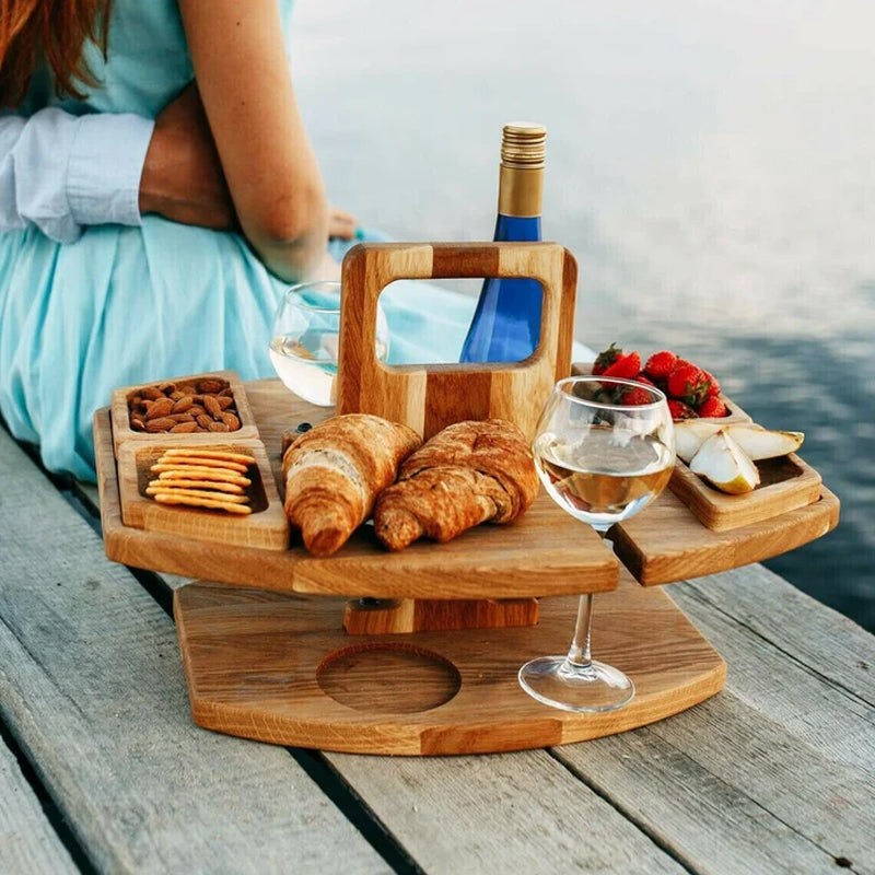 Portable Wooden Wine & Picnic Table with Carry Handle for Outdoor Dining | Folding Wine Caddy Tray for Beach, Park, Camping | Solid Wood