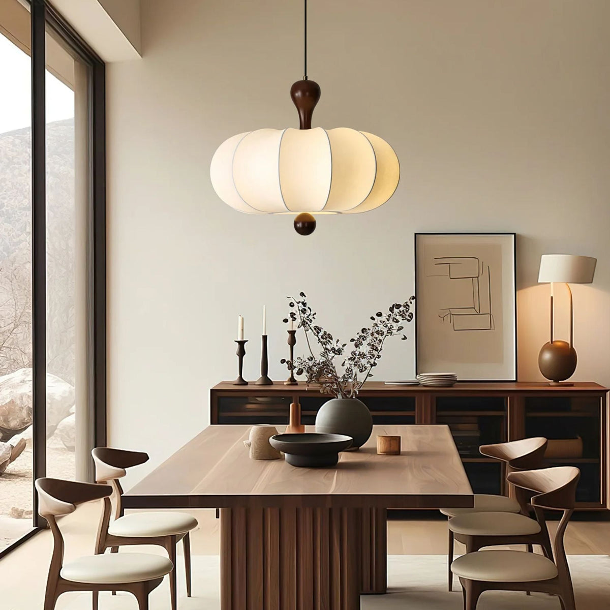 Fabric Drum Pendant Ceiling Light with Wood Accent for Dining Room and Kitchen Island – Soft White Pleated Shade, Modern Minimalist Drop Fix