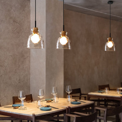 Clear Glass Pendant Light with Wood Accent E26 Socket for Kitchen Island Dining Room Bedroom Ceiling Fixture Hardwired Hanging Lamp