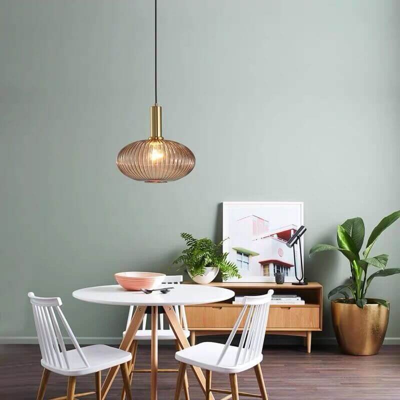 Ribbed Glass Cylinder Hanging Fixture Single-Bulb Suspension Lamp for Kitchen Island Dining Room Entryway