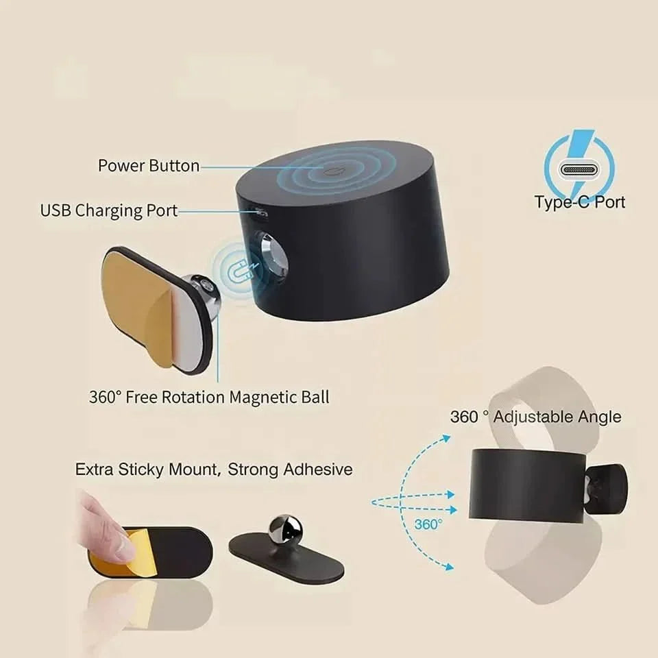 Swivel Wall Sconce LED Rechargeable Touch Control 3 Light Modes USB Powered 360 Degree Rotation Cordless Bedroom Reading Nightlight Hallway