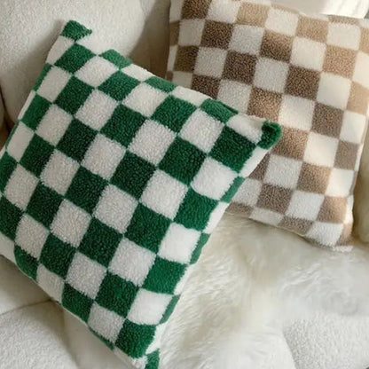 Flora Cushion Cover - Plush Faux Fur, Checkered Design for Sofa