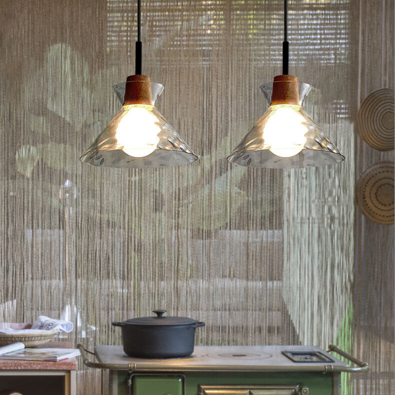 Clear Glass Pendant Light with Wood Accent E26 Socket for Kitchen Island Dining Room Bedroom Ceiling Fixture Hardwired Hanging Lamp