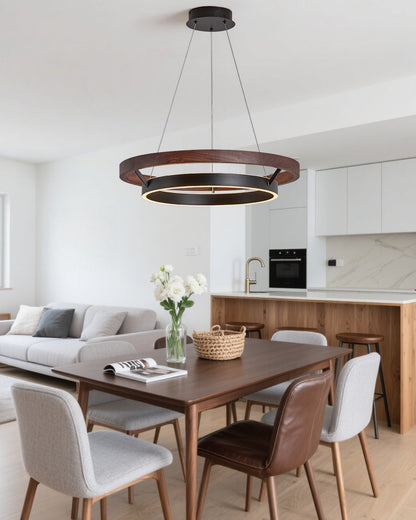 Circular Wood Ring Chandelier with LED Lighting 24-47 Inches Adjustable Height Farmhouse Dining Room Kitchen Island Ceiling Fixture