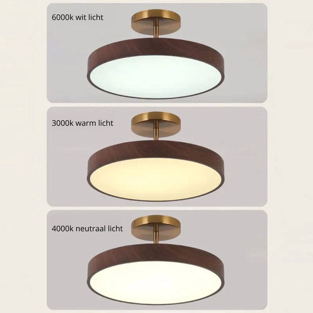 Round LED Flush Mount Ceiling Light with Faux Wood Finish – Iron Frame, Integrated Panel, 220-240V – For Bedroom, Living Room, Dining Room