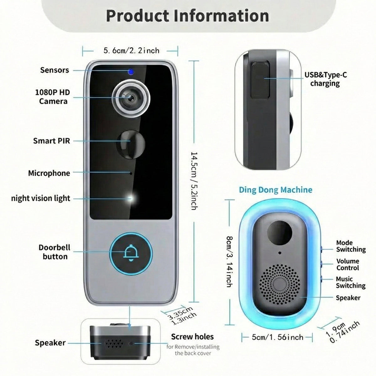 Wireless Smart Video Doorbell Camera with HD Recording and Two-Way Talk for Home Security