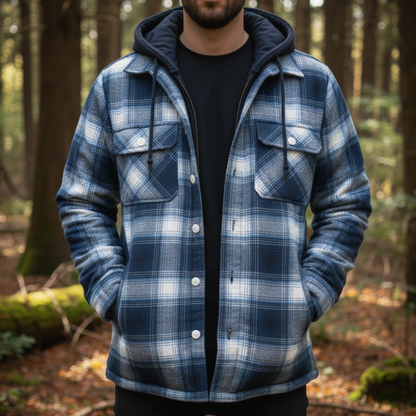 Quilted Plaid Flannel Shirt Jacket with Removable Hood for Men – Warm Cotton Blend Overshirt for Fall Winter