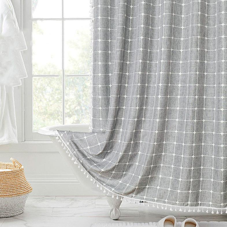 Waterproof Bath Curtain with Tassel Trim 71 x 79 Inches Gray Woven Linen Privacy Screen for Bohemian Bathrooms Country Style Decor Machine W
