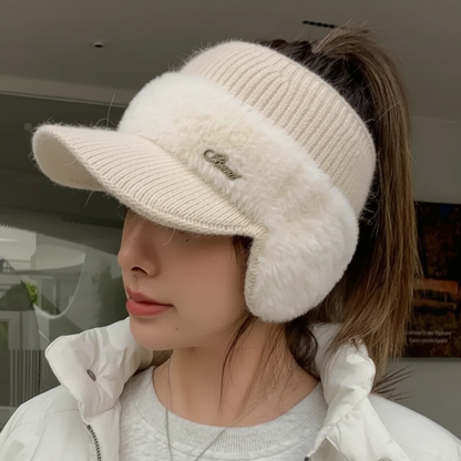 Knit Winter Baseball Cap with Ear Warmers & Ponytail Opening for Women – Insulated Fleece-Lined Sports Beanie Hat