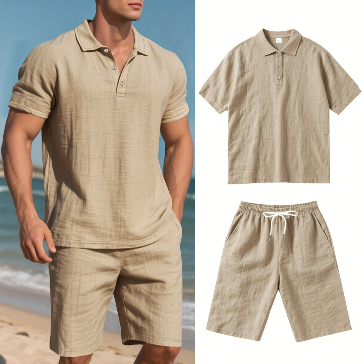 Men's Short-Sleeve Polo & Shorts Linen Set Summer Two-Piece Outfit Lightweight Breathable Casual Wear for Warm Weather