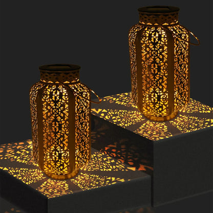 Sun-Charged Metal Garden Lantern with Cutout Moroccan Design for Porch, Deck & Yard Lighting
