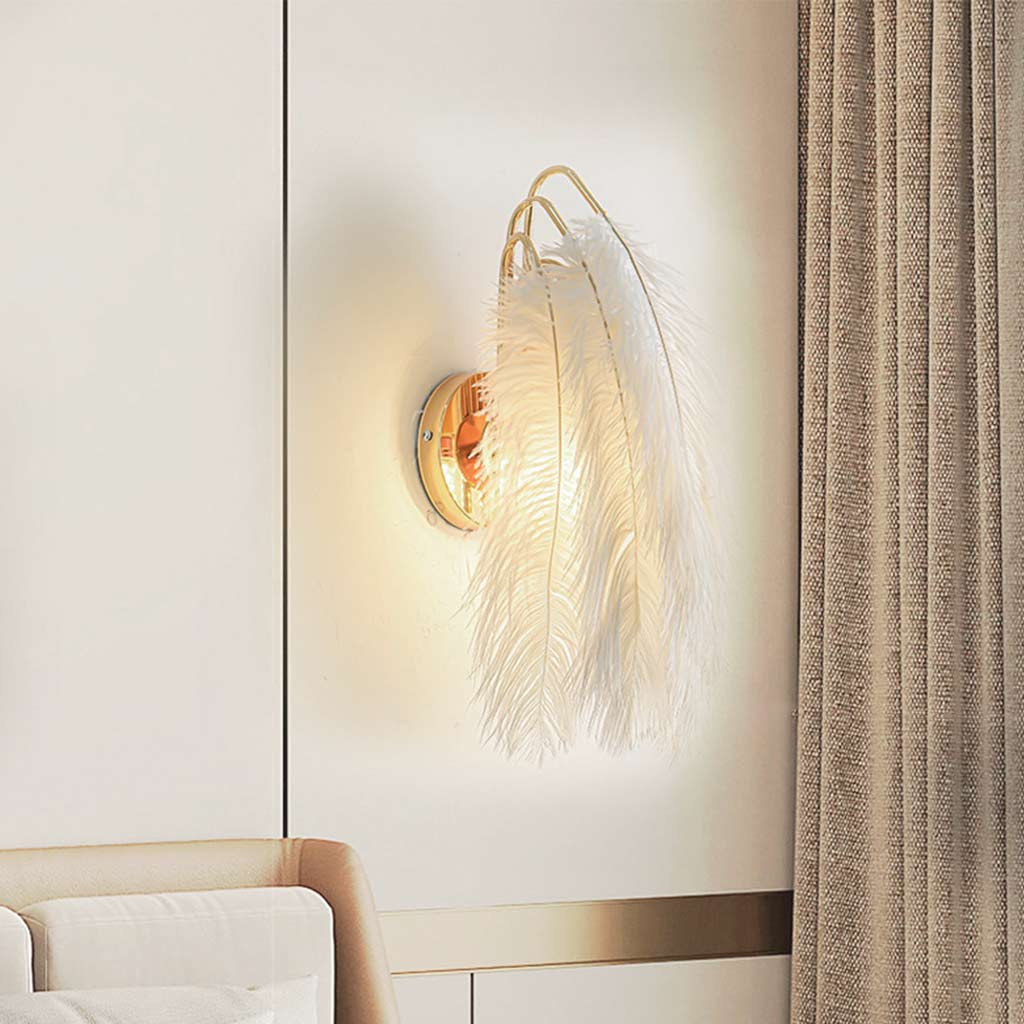 Feathered Sconce with Plume Shade for Bedroom Reading Nook Hallway Ambient Glow 9-Inch Iron Arm E26 Socket Adjustable Tone Options White Tex