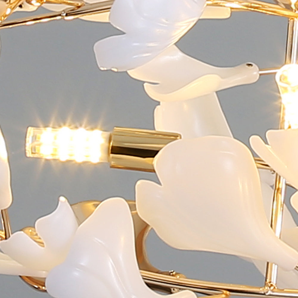 Ceramic Leaf Cluster Pendant Light with Adjustable Cord – Gold Metal Frame Multi-Bulb Chandelier for Dining Room, Living Room & Bedroom