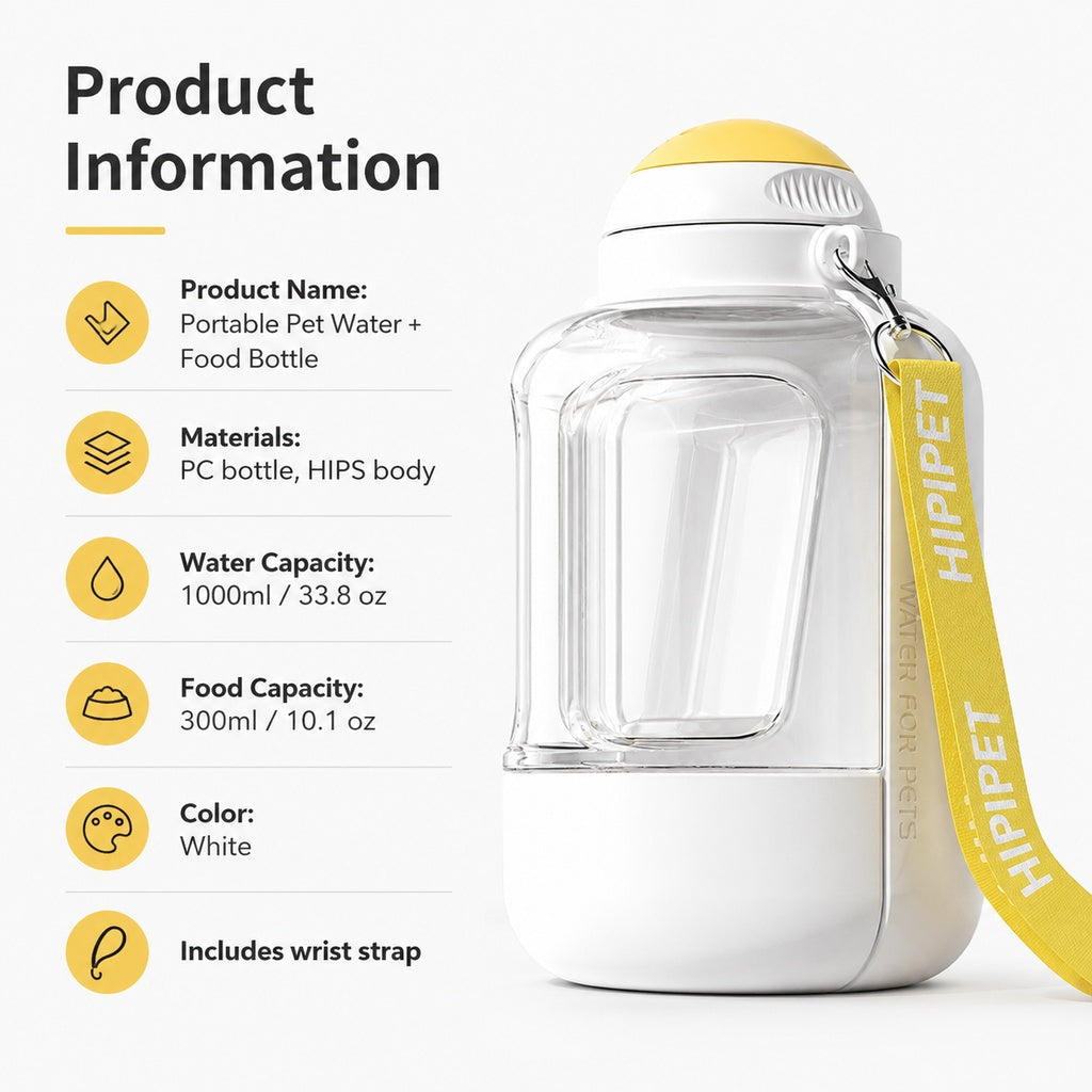 Ortekor 2-in-1 Portable Dog Water Bottle with Food Container – Large Capacity Pet Travel Water Fountain, Perfect for Walks, Camping, and Road Trips