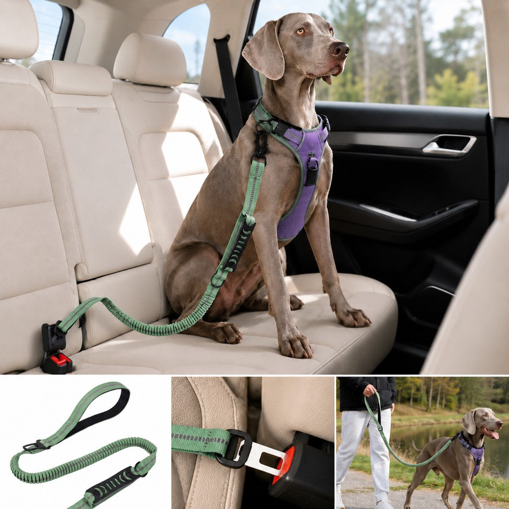 Ortekor Reflective Dog Car Seat Belt Leash for Backseat Travel & Daily Walks - Shock-Absorbing Bungee Tether to Help Reduce Pulling & Driver Distraction
