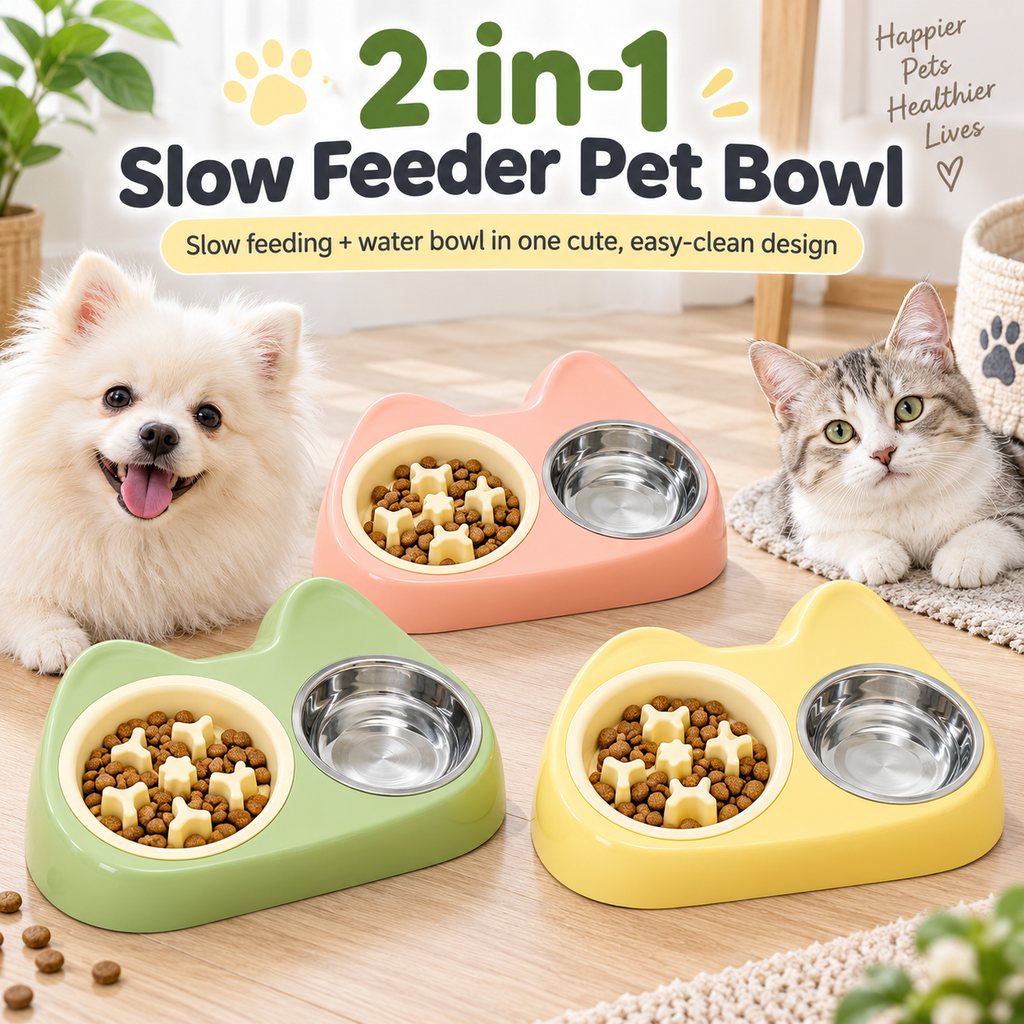 Ortekor 2-in-1 Cat Ear Pet Bowl for Cats and Small Dogs - Slow Feeder or Double Stainless Steel Bowls for Slower, Cleaner Mealtimes