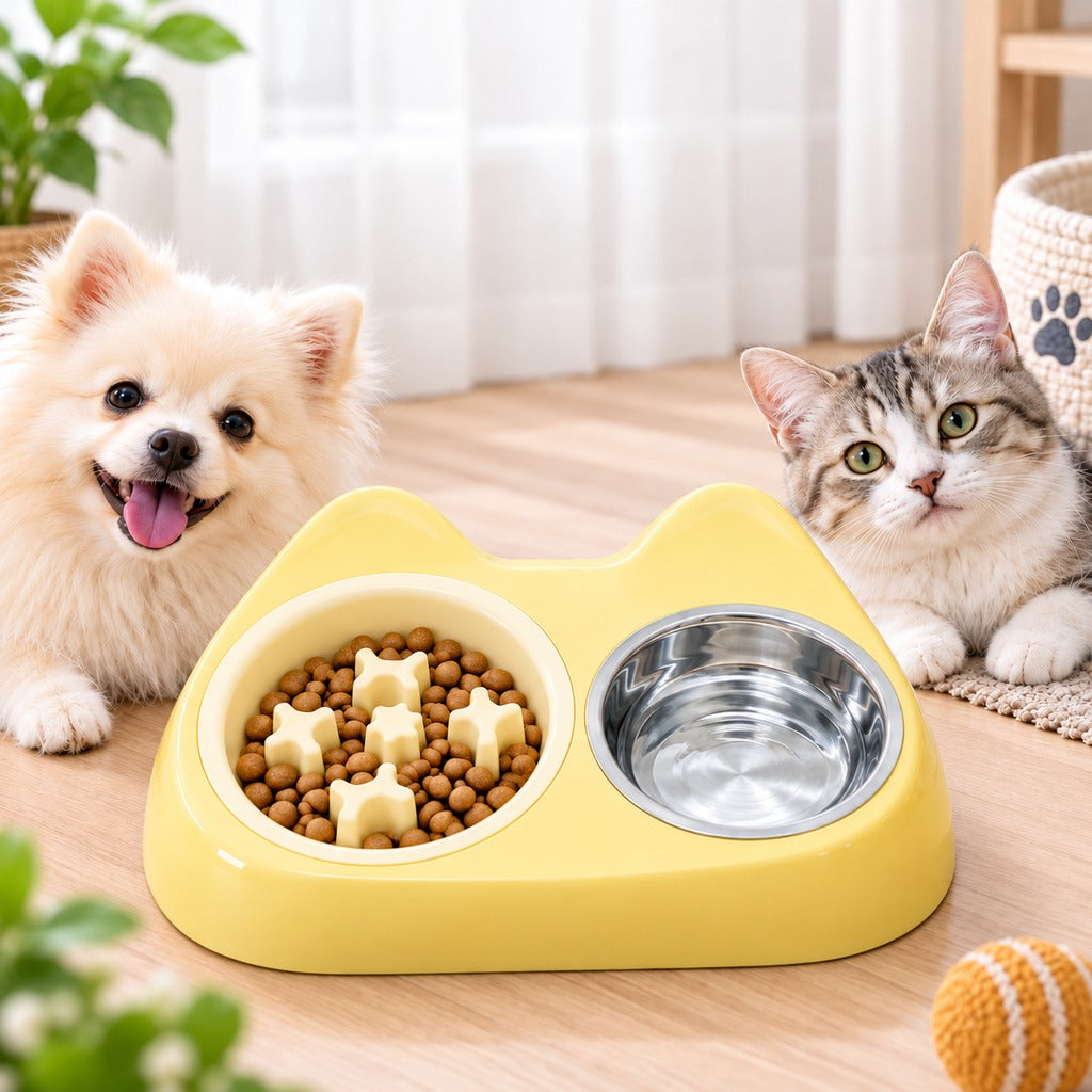 Ortekor 2-in-1 Cat Ear Pet Bowl for Cats and Small Dogs - Slow Feeder or Double Stainless Steel Bowls for Slower, Cleaner Mealtimes