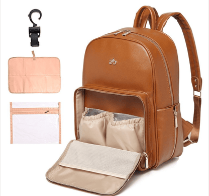 Parent Backpack Organizer with Changing Pad & Wet Bag – Waterproof PU Leather Multi-Pocket Storage for Newborn & Toddler Essentials