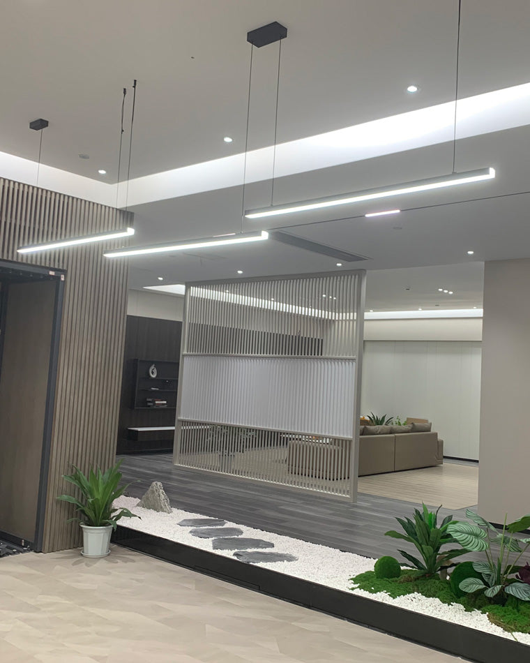 Suspended LED Strip Fixture for Countertop Islands – Dimmable Metal Bar Light with Remote in Matte or Gloss White – 39 to 102 in Adjustable