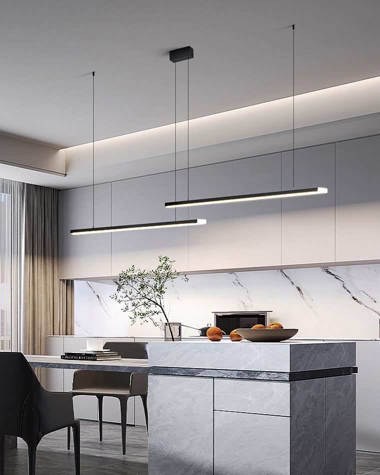 Suspended LED Strip Fixture for Countertop Islands – Dimmable Metal Bar Light with Remote in Matte or Gloss White – 39 to 102 in Adjustable