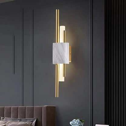 Modern Linear Wall Sconce with Marble Accents – Metal Construction, Warm LED Lighting for Bedroom & Living Room