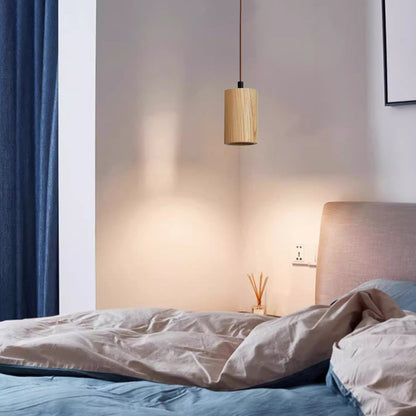 Wood Hanging Lamp GU10 Socket Beige Finish 5.7 in Drop Adjustable Cord Hardwired Ceiling Light for Bedroom Living Room Kitchen Dining Entryw