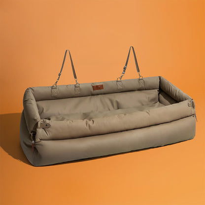 Elevated Pet Car Seat with Cushioned Bolsters for Medium to Large Dogs – Faux Leather Travel Booster Bed for SUVs & Sedans