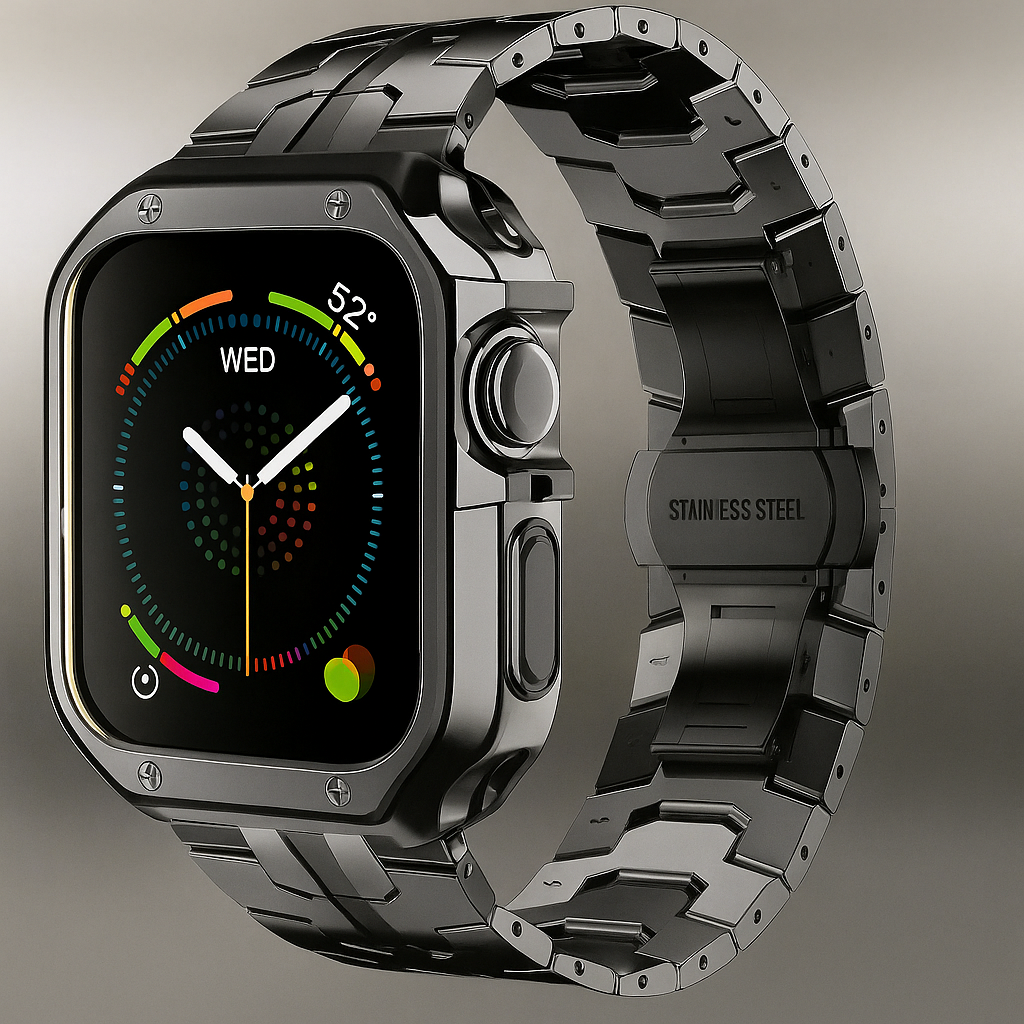 Metal Link Watch Band with Armor Frame for Apple Watch – Titanium-Style Bracelet & Open-Face Protection Case Bundle – Butterfly Clasp