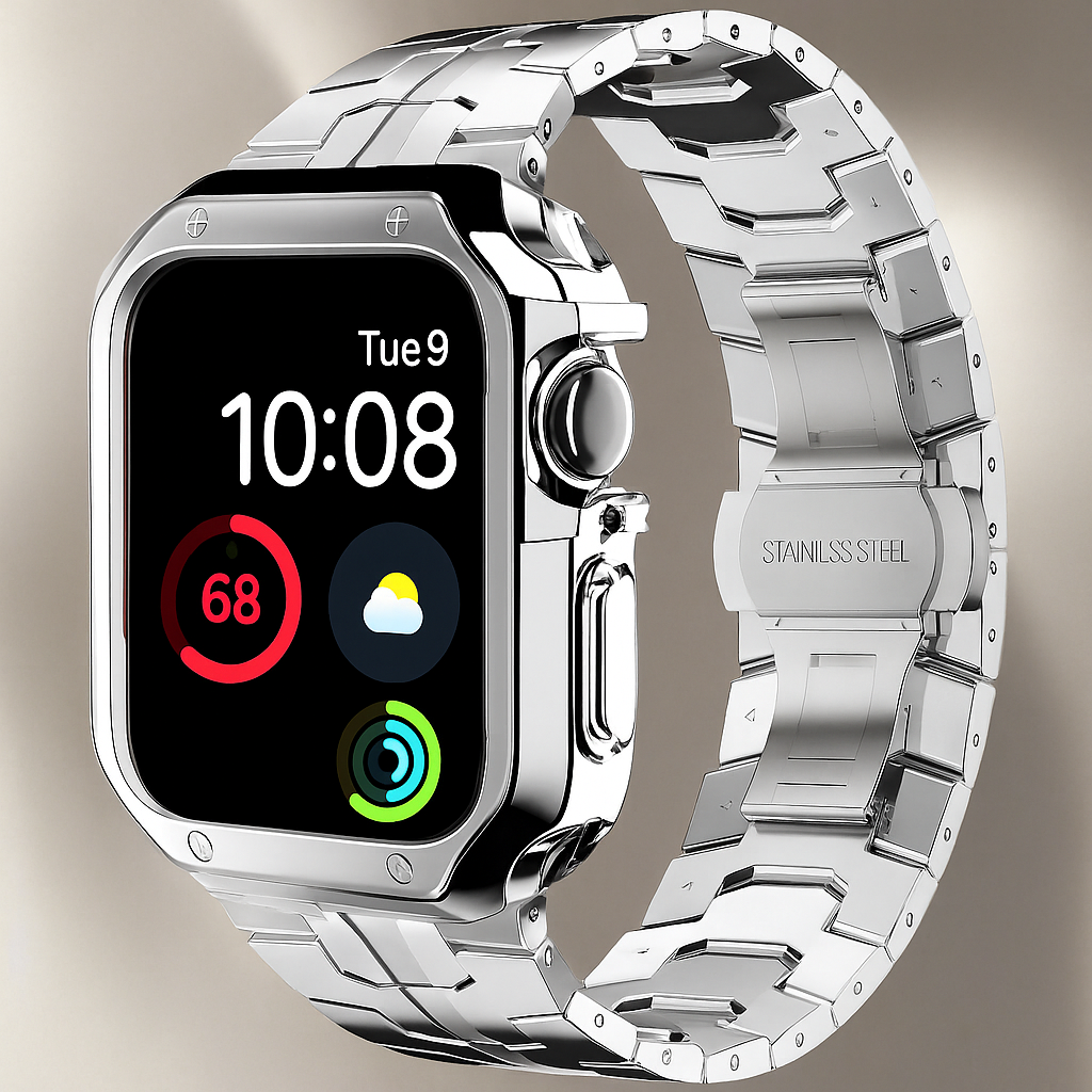 Metal Link Band & Protective Case Set for Apple Watch – Adjustable Bracelet with Matching Frame, Butterfly Clasp & Sizing Tool for Series