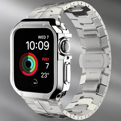 Metal Link Band & Protective Case Set for Apple Watch – Adjustable Bracelet with Matching Frame, Butterfly Clasp & Sizing Tool for Series