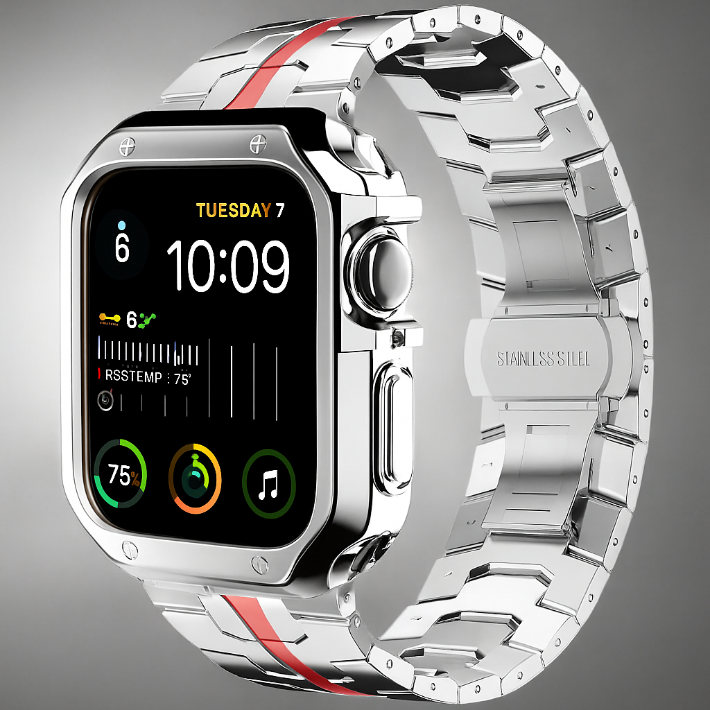 Metal Link Watch Band with Armor Frame for Apple Watch – Titanium-Style Bracelet & Open-Face Protection Case Bundle – Butterfly Clasp