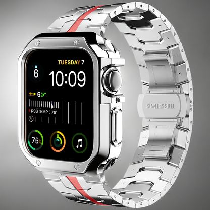 Metal Link Watch Band with Armor Frame for Apple Watch – Titanium-Style Bracelet & Open-Face Protection Case Bundle – Butterfly Clasp