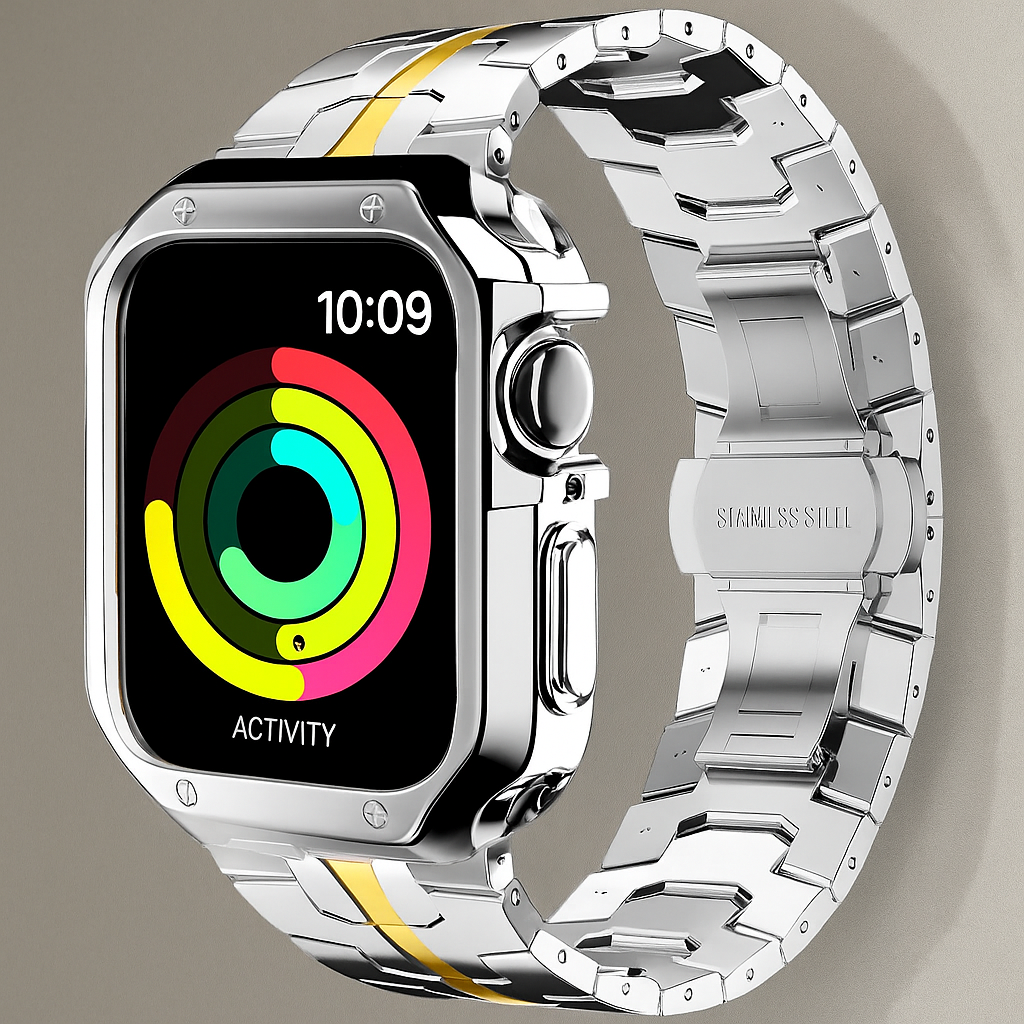 Metal Link Watch Band with Armor Frame for Apple Watch – Titanium-Style Bracelet & Open-Face Protection Case Bundle – Butterfly Clasp