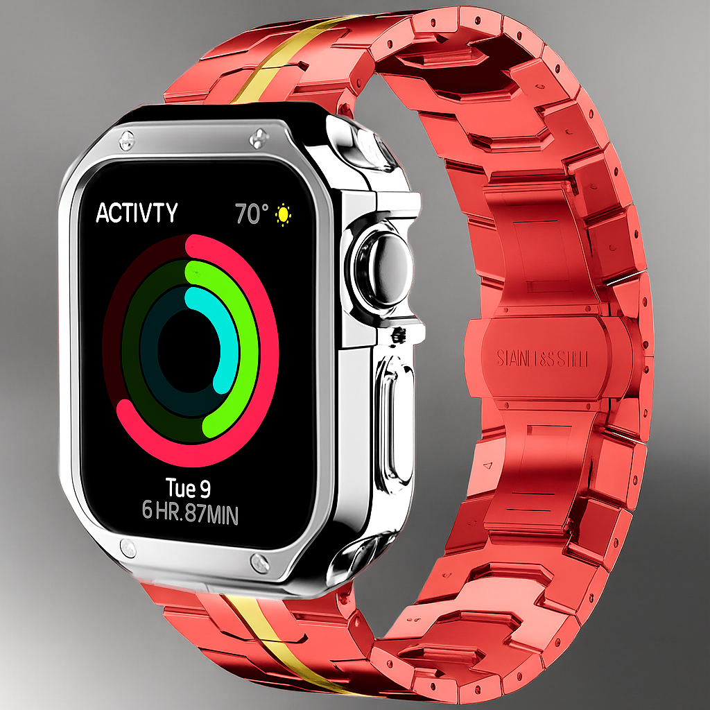 Metal Link Band & Protective Case Set for Apple Watch – Adjustable Bracelet with Matching Frame, Butterfly Clasp & Sizing Tool for Series