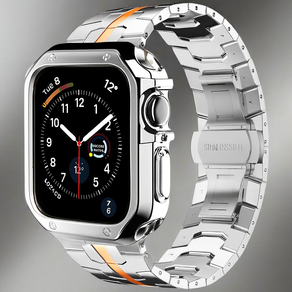 Metal Link Watch Band with Armor Frame for Apple Watch – Titanium-Style Bracelet & Open-Face Protection Case Bundle – Butterfly Clasp