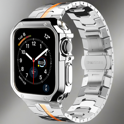 Metal Link Band & Protective Case Set for Apple Watch – Adjustable Bracelet with Matching Frame, Butterfly Clasp & Sizing Tool for Series