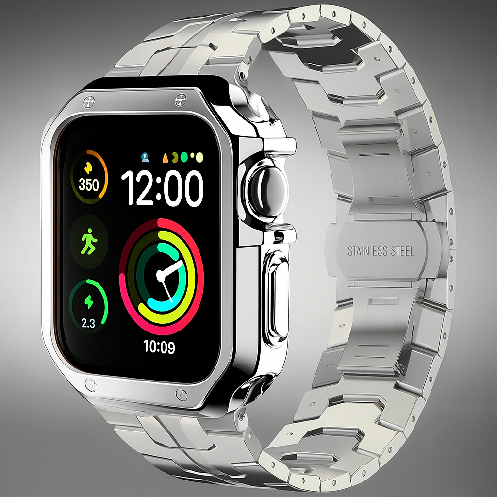 Metal Link Band & Protective Case Set for Apple Watch – Adjustable Bracelet with Matching Frame, Butterfly Clasp & Sizing Tool for Series