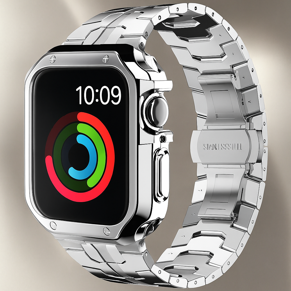 Metal Band & Screen Armor Bundle for Apple Watch – Adjustable Link Bracelet with Protective Bumper Case