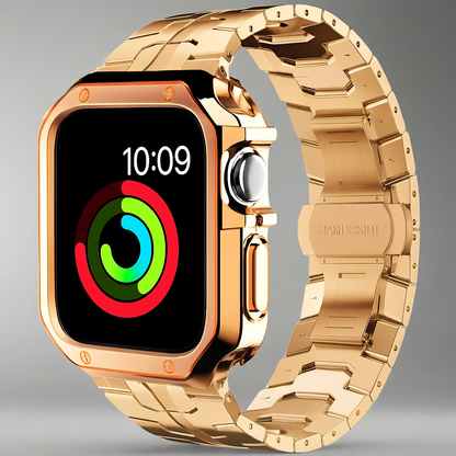 Metal Band & Screen Armor Bundle for Apple Watch – Adjustable Link Bracelet with Protective Bumper Case