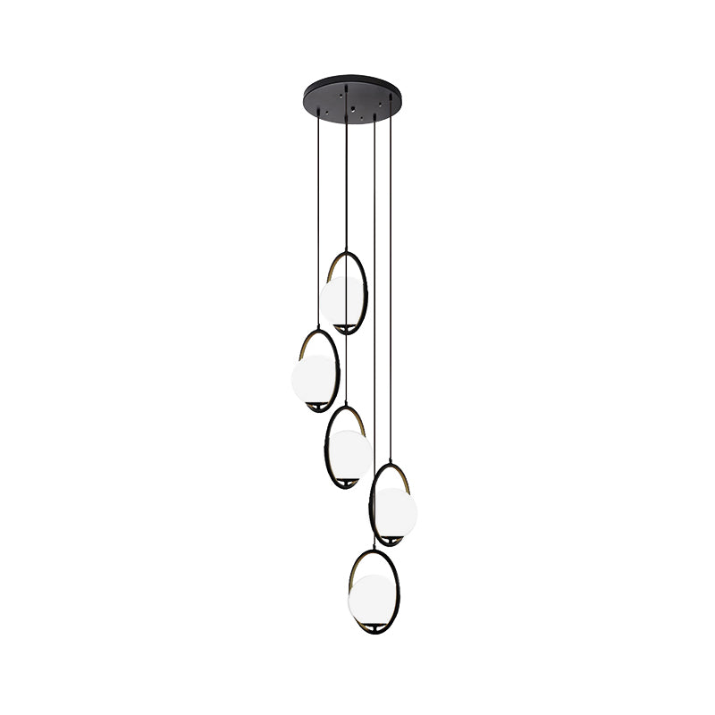 Multi-Globe Glass Pendant Chandelier – Modern Stairwell Lighting Fixture, Black Metal Frame, 5-6 Lights for Entryway Living Room Dining