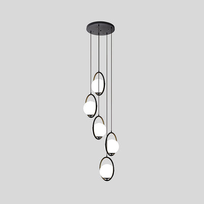 Multi-Globe Glass Pendant Chandelier – Modern Stairwell Lighting Fixture, Black Metal Frame, 5-6 Lights for Entryway Living Room Dining