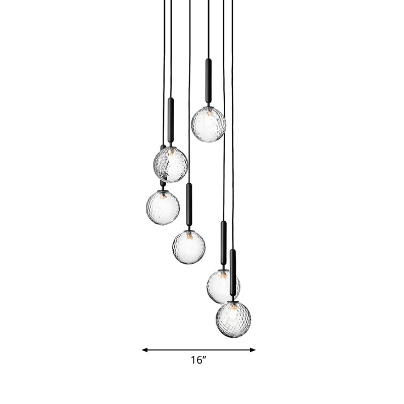 Multi-Globe Glass Pendant Chandelier – Modern Stairwell Lighting Fixture, Black Metal Frame, 5-6 Lights for Entryway Living Room Dining