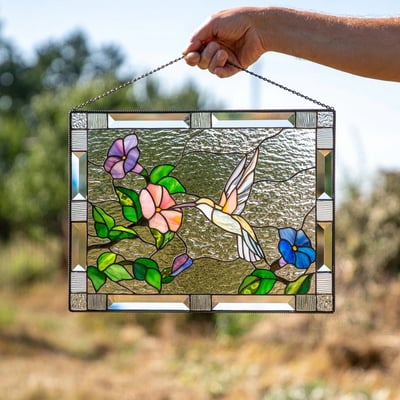 Stained Glass Window Cling Sun Catcher Panel for Indoor Outdoor Wall Decor, Acrylic Light Prism Art with Hummingbird Cardinal Butterfly
