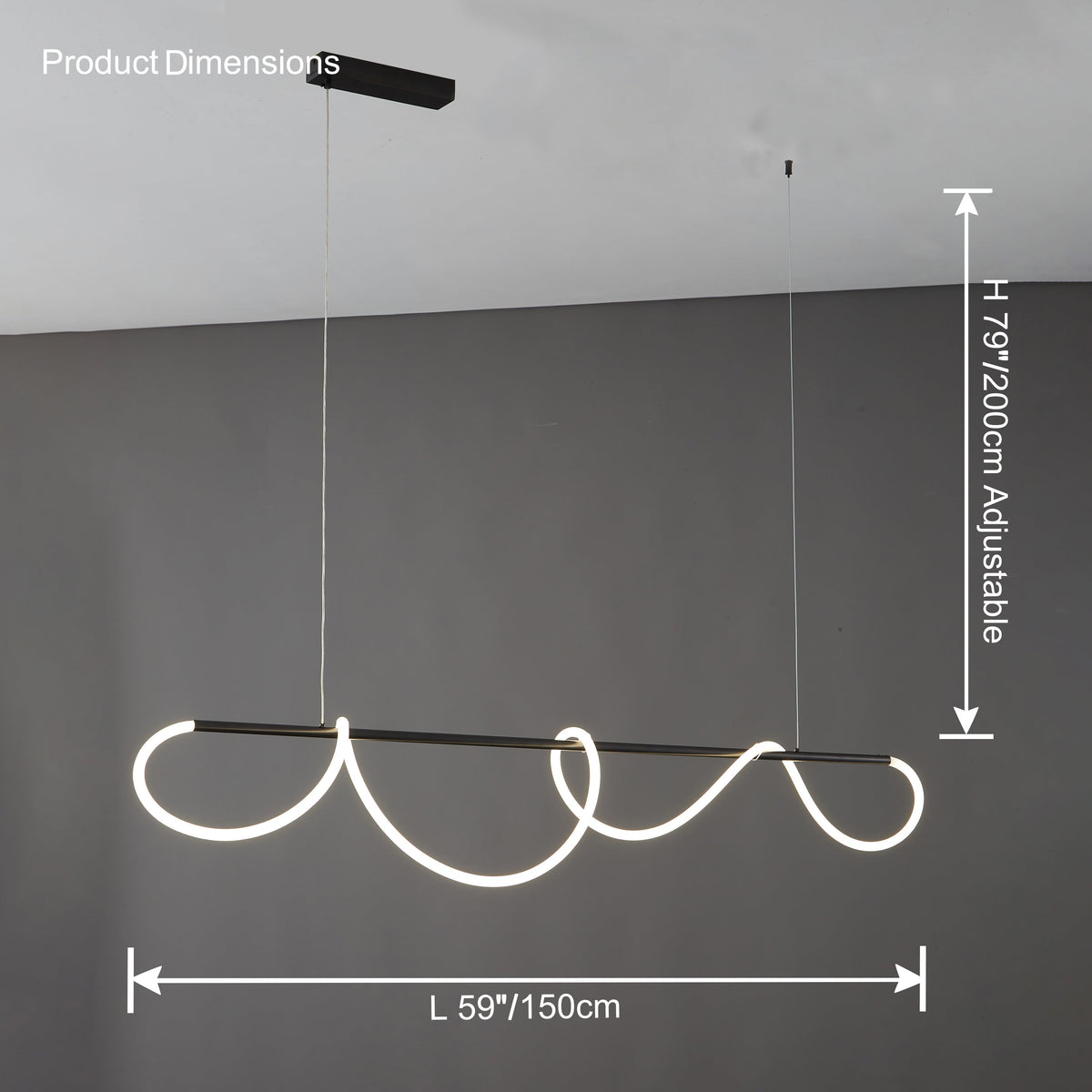 Linear LED Island Chandelier with Silicone Wave Design 43-Inch Brass Adjustable Height Dimmable Kitchen Pendant for Dining Table Modern Hang